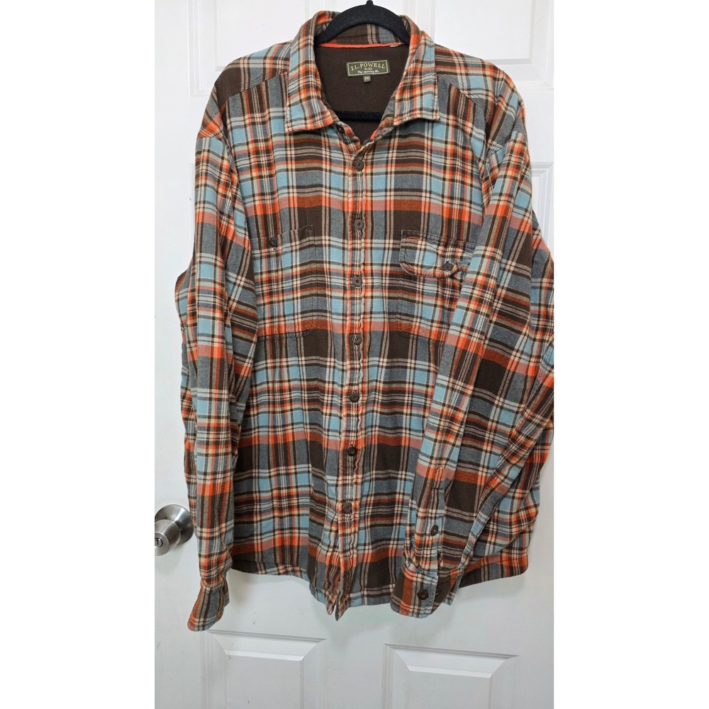 J.L. Powell Flannel Shirt Mens XXL Brown Orange Plaid Lined Sporting Life Button